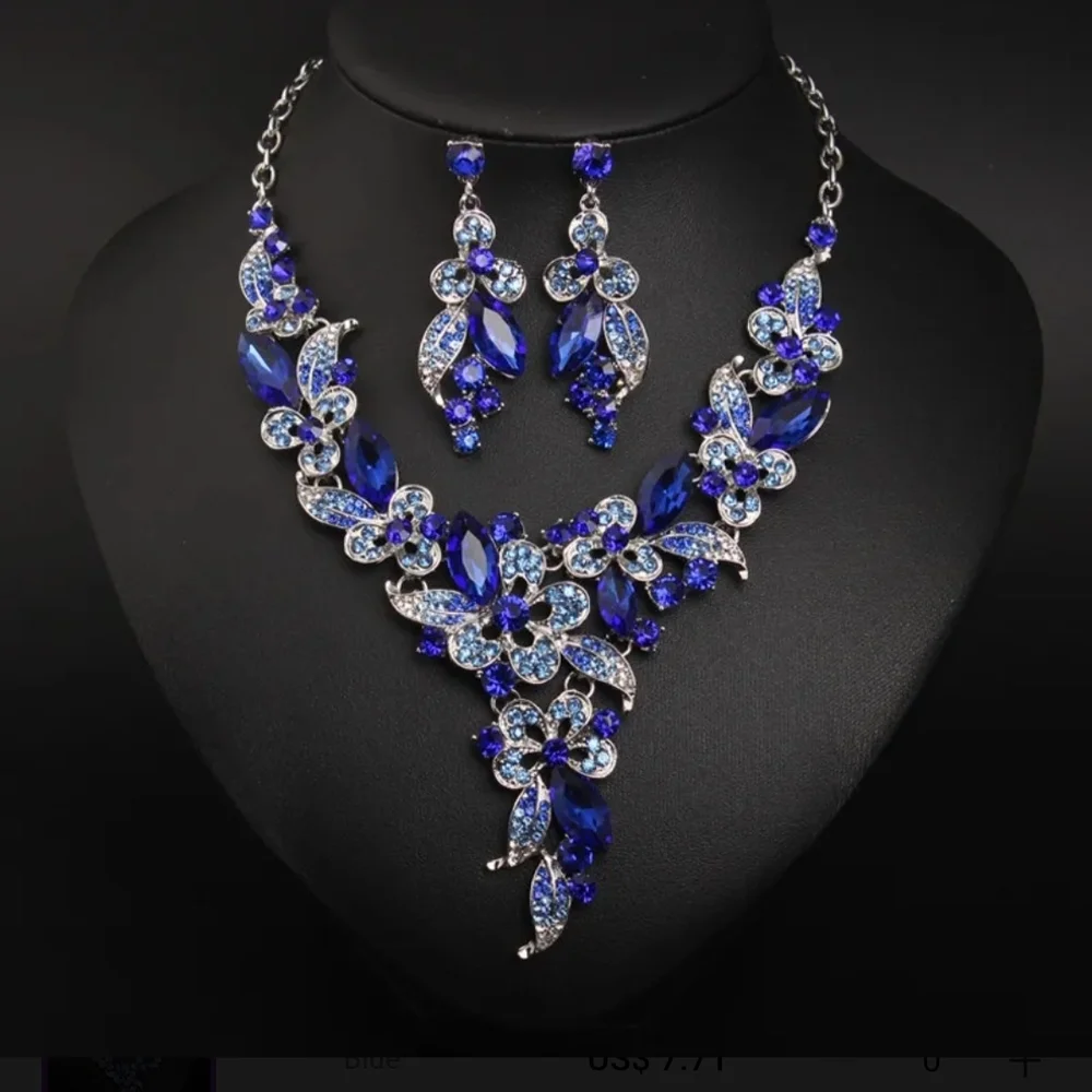 Earrings & Necklace Set Sapphire Blue Rhinestone Floral - Picture 5 of 13